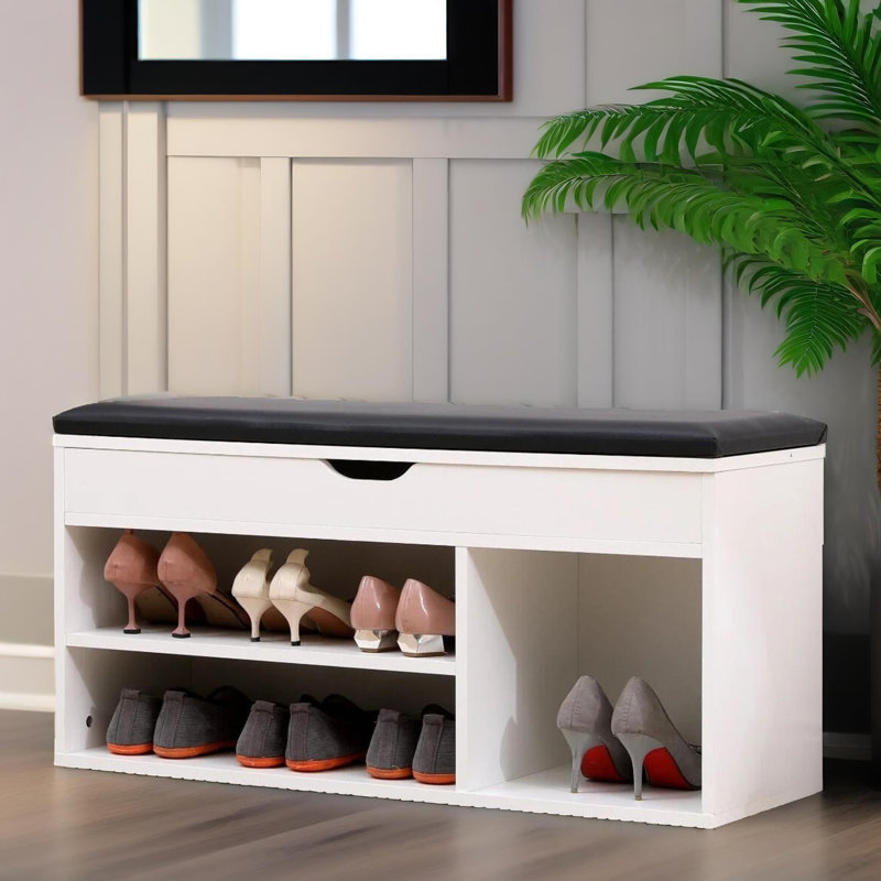 Entryway Shoe Storage Bench, Shoe Rack, Shoe Organiser, Hallway Furniture, White, H45 x W90 x D30cm