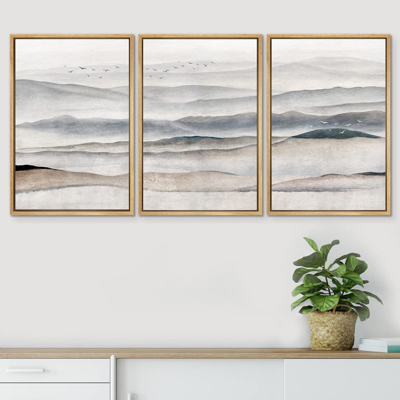 " Gray Brown Pastel Mist Mountains " 3 Piece Art Graphic Art Print, 24" H x 48" W x 1.5" D, Natural