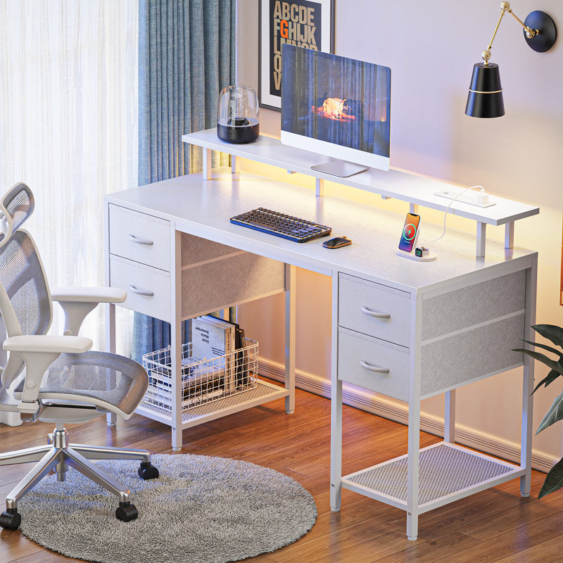 Neesha Desk with LED Lights, Computer Desk with Storage, Corner Desk with Drawers, Home Office Desk with Shelves, Writing Desk with 4 File Drawers, Gaming Desk with Power Outlets, Study Desk