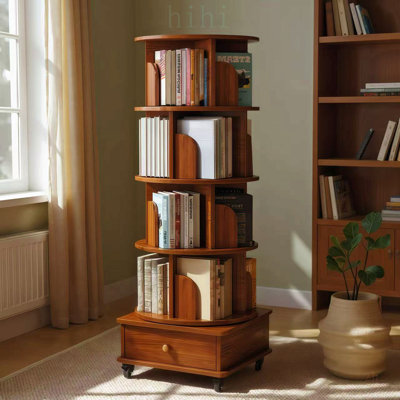 Bibliothèque d'angle rotative à 5 niveaux avec tiroir, présentoir à 360 degrés pour les petits espaces, organisateur de rangement sur pied en bois