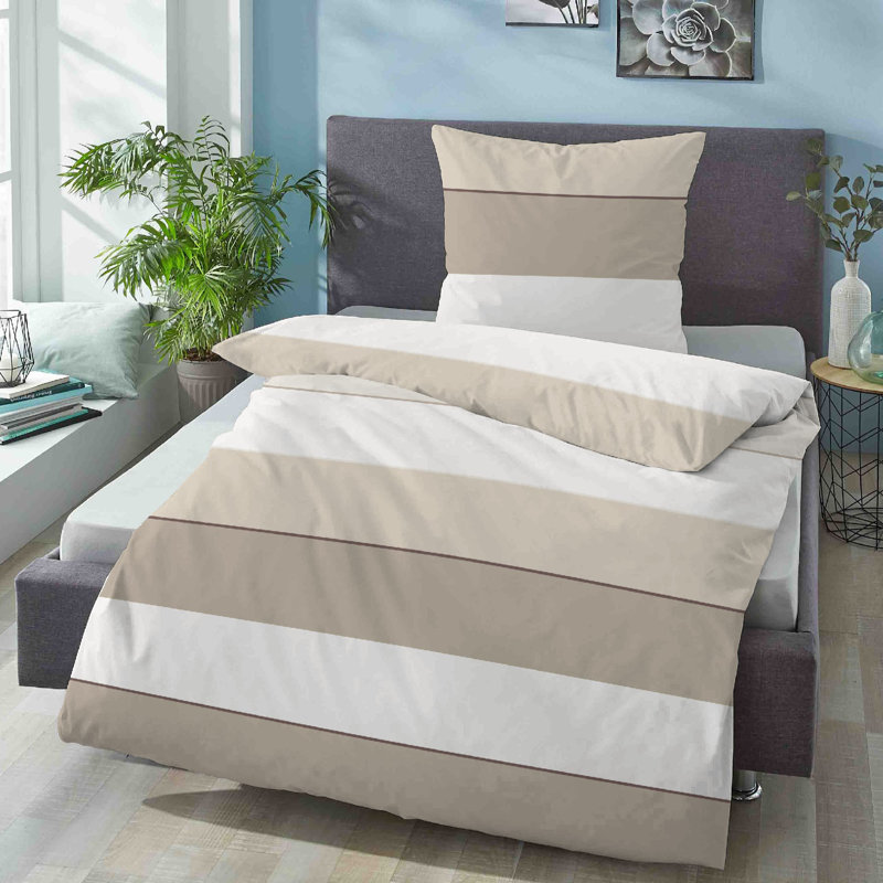 Sateen Striped Duvet Cover Set with Pillow Shams Included, 155 x 220 cm + 80 x 80 cm , Beige