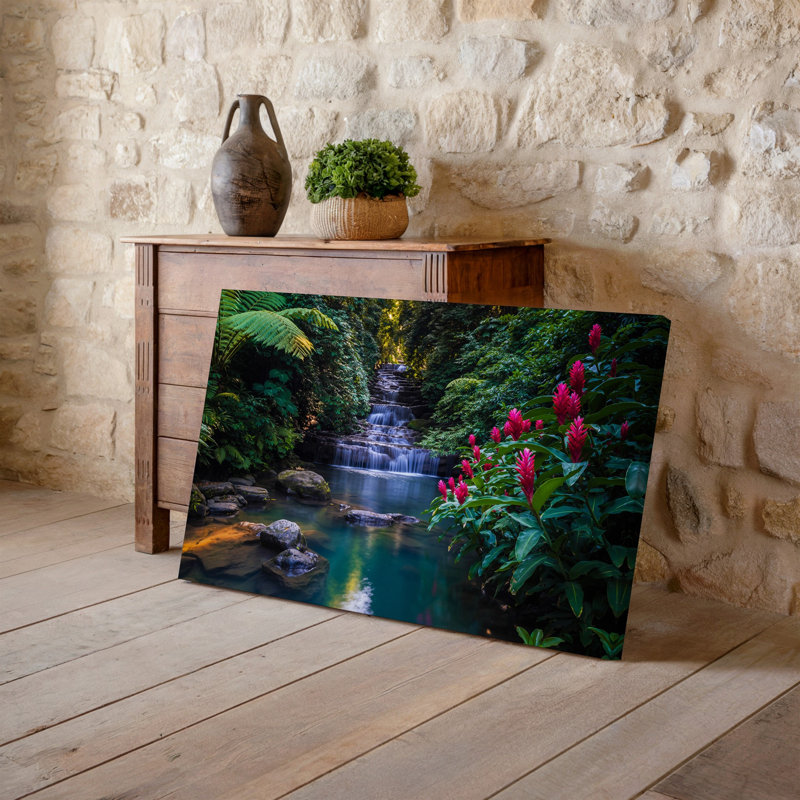 Toile, "Serene Tropical Rainforest Scene Doté d'une cascade d'eau", art mural par Lush Greenery, H 9 po x l 12 po