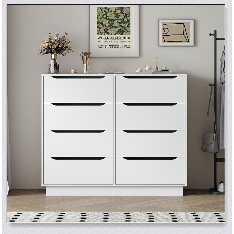 Commode en bois blanc avec 8 tiroirs spacieux, parfaite pour le rangement dans la chambre à coucher et le salon, avec rangement de grande capacité de 47,2 po de largeur