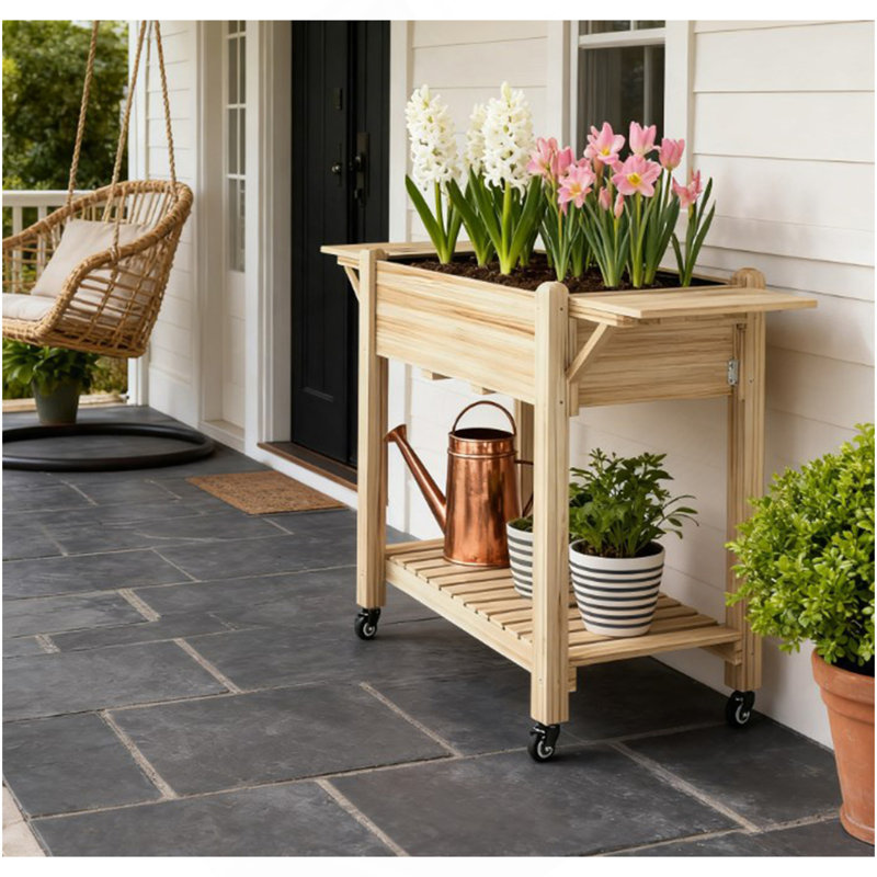 Lit de jardin surélevé Optimal, boîte à fleurs surélevée en bois, avec roues verrouillables, tables d'appoint, tablette inférieure, trous de drainage