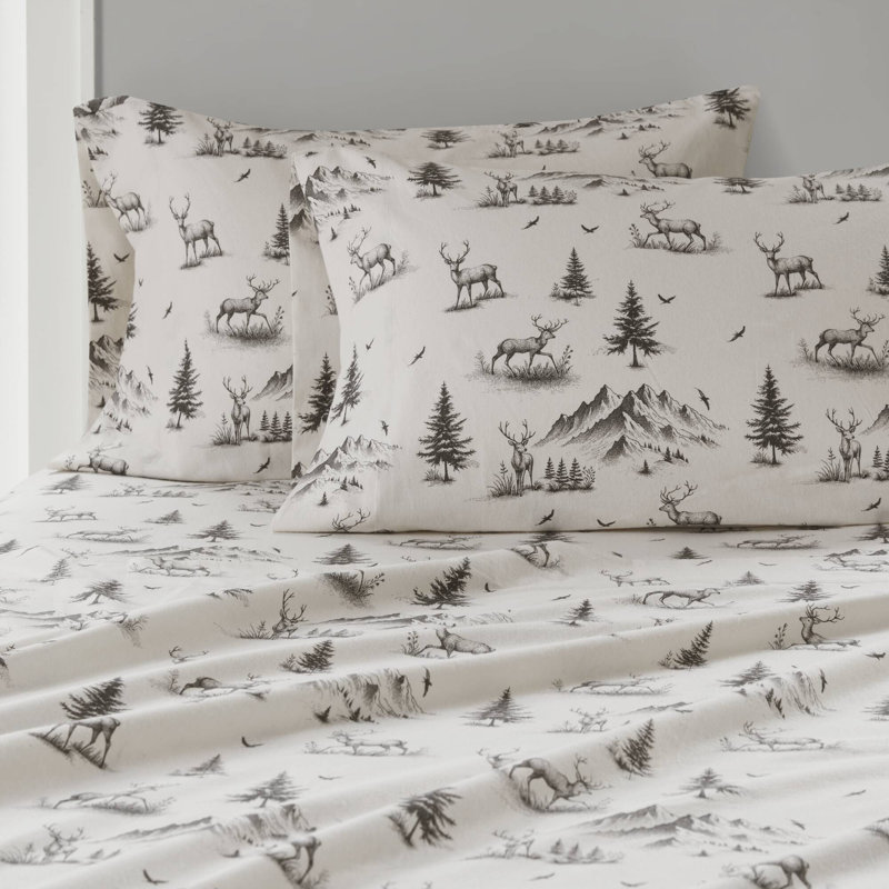 Full Gray Deer Toile Cotton Flannel Sheet Set