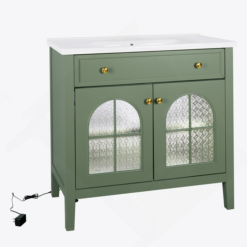 Armoire de salle de bain 35,6 pouces de style médiéval avec éclairage à capteur de mouvement et rangement réglable, Vert