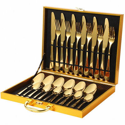 Flatware Set Gold Silverware Set With Pattern Mirror Polished 24 Pieces Cutlery Set, Service For 6