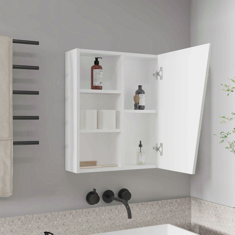 Armoire à pharmacie murale à miroir avec une porte et quatre compartiments ouverts, blanc