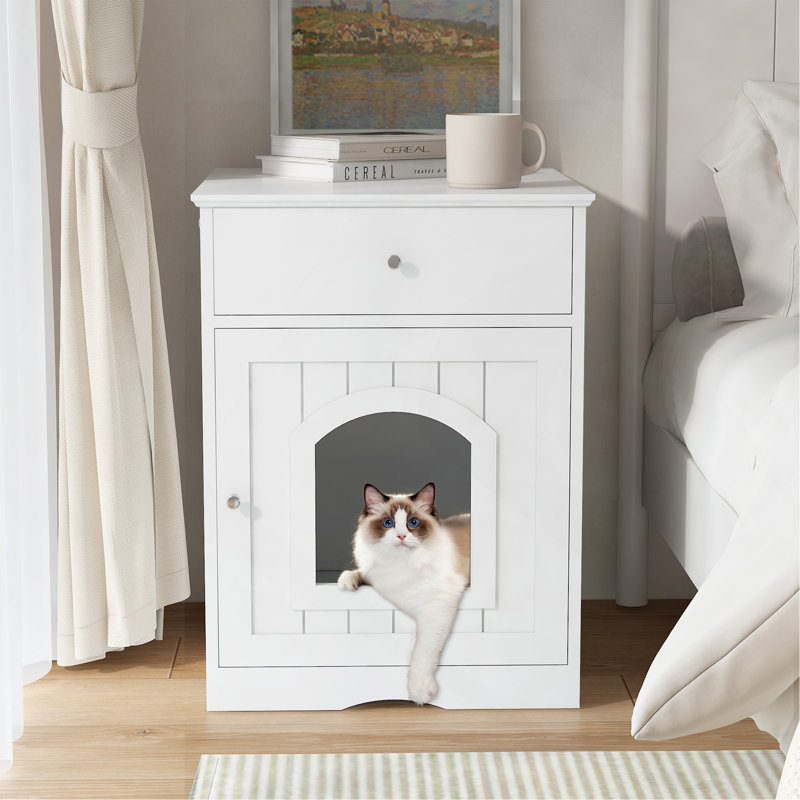 Enceinte en bois pour litière pour chat avec tiroir, table d'appoint, cage intérieure pour animal, table de chevet pour chat (blanc)