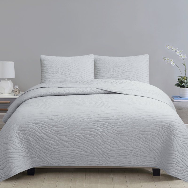 Ensemble de courtepointe en microfibre Calista, Courtepointe pour lit simple et deux taies décora, Gris