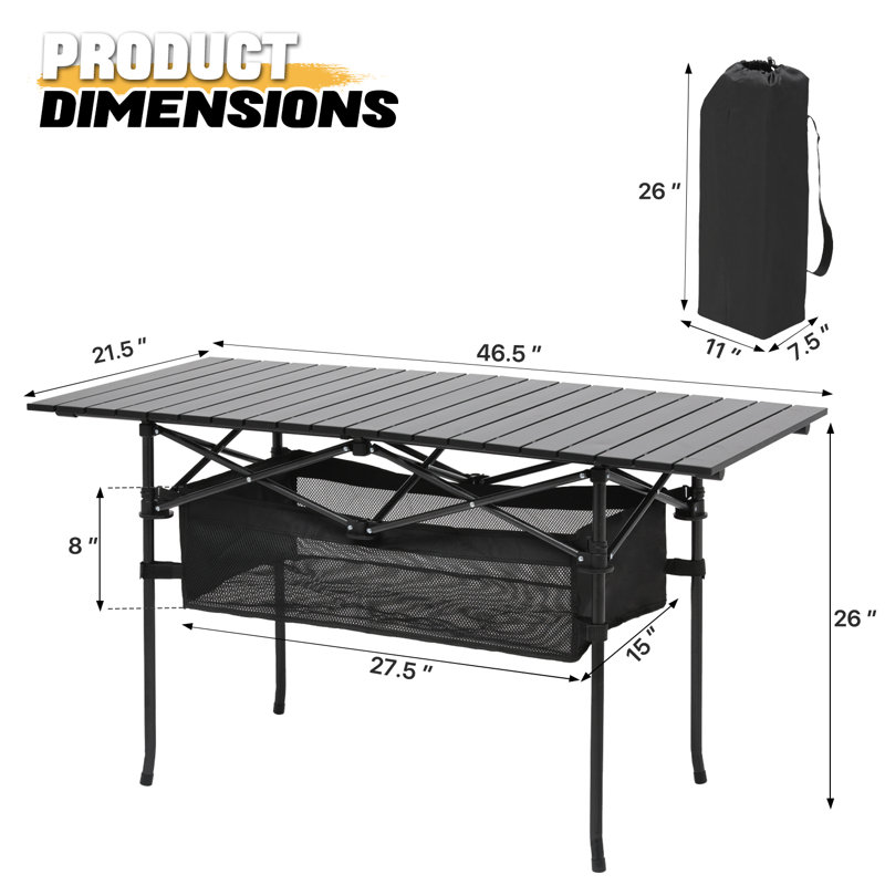 Table de camping pliante pour l'extérieur avec rangement, plateau de table en aluminium et sac de transport