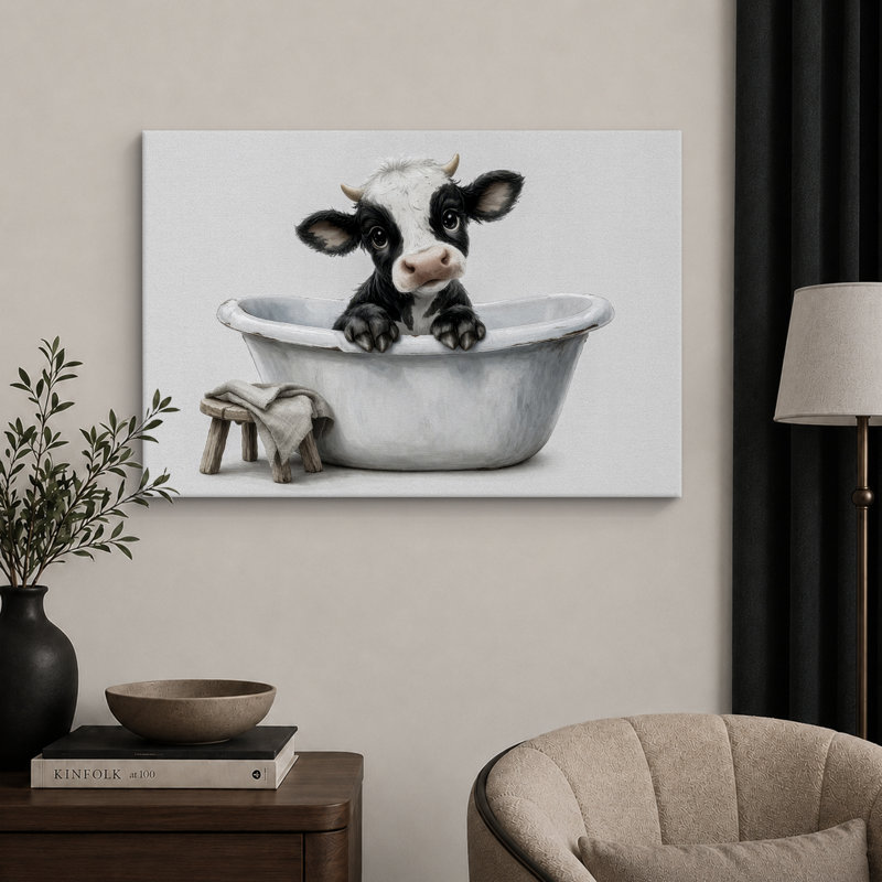 Mignonne petite vache dans une baignoire blanche, image de chambre de bébé, impression sur toile encadrée, Toile tendue
