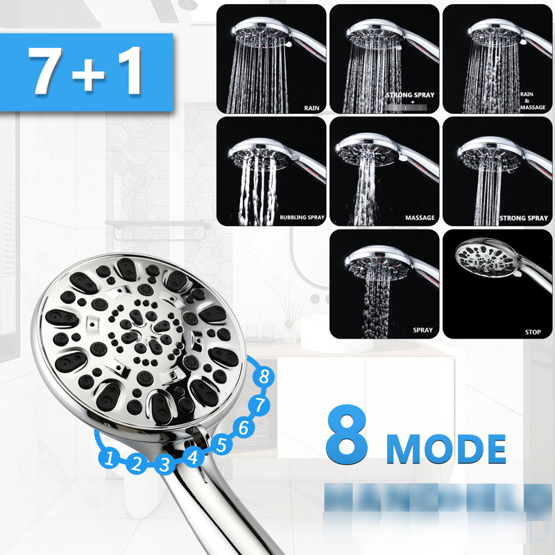 Douchette à 7 jets et pomme de douche à effet pluie de 5 pouces avec barre coulissante réglable de 26 po, installation double débit 18 gallons par minute, aspect nickel brossé, composants en acier inoxydable, pomme à angle réglable, facile