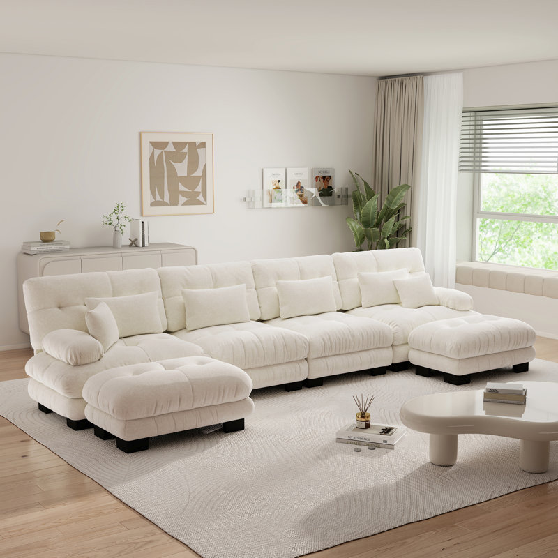 Canapé modulaire en forme de U à combinaison libre avec sièges profonds et 2 repose-pieds convertibles, blanc chenille, Crème