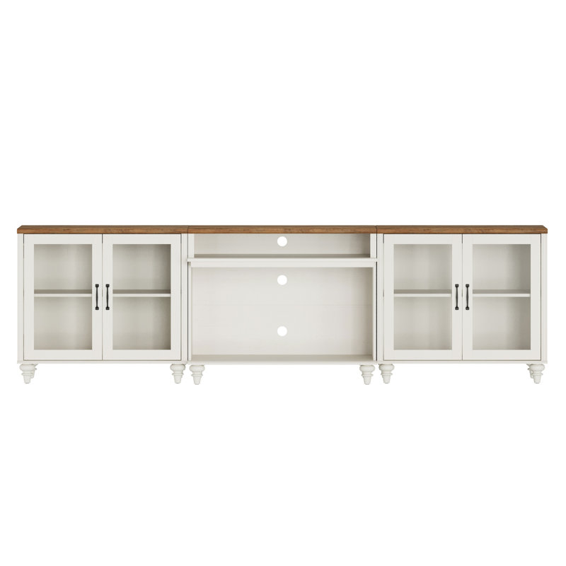 Buffet avec 4 portes en verre et 2 tablettes ouvertes, style grain de bois rétro, armoire avec rangement, blanc, 105 po