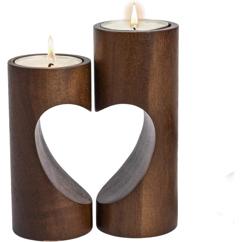 Ensemble de porte-bougie en bois en forme de cœur