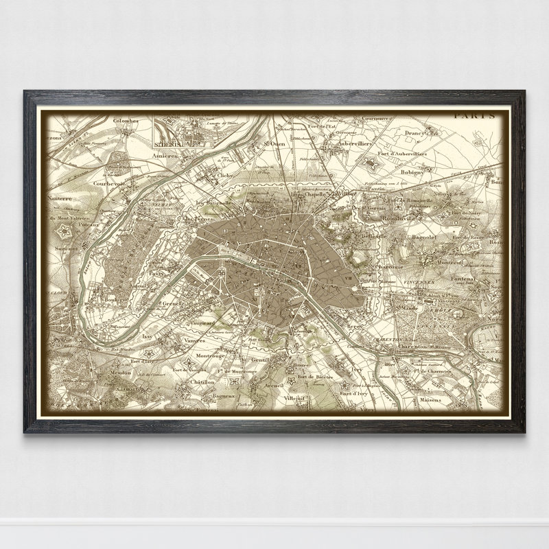 « custom sépia map of paris » par paul cezanne-cadre photo, impression, H 22 po x l 16 po x P 1 po, Toile avec cadre, Ébène