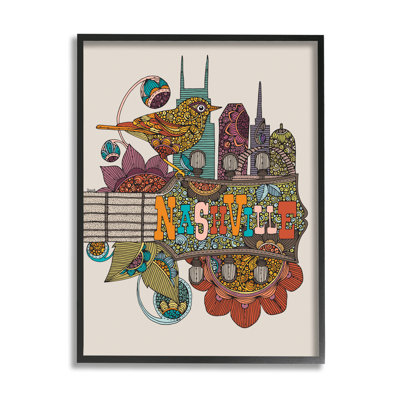 «Nashville Music City Bird», motifs floraux détaillés par Valentina Harper - cadre flottant, impression sur bois