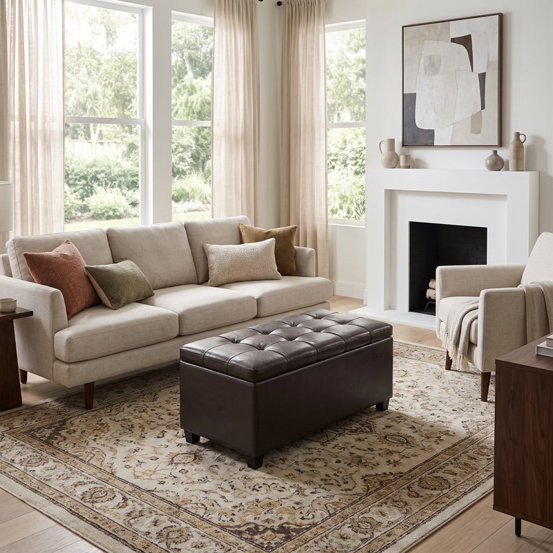Banc/repose-pieds avec rangement rectangulaire de style transitionnel de 84 cm de large revêtu de cuir végan capitonné