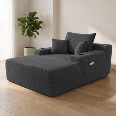 Chaise longue surdimensionnée de 65 po avec accoudoirs larges, poche latérale, 2 porte-gobelets et 3 coussins, aucun assemblage requis