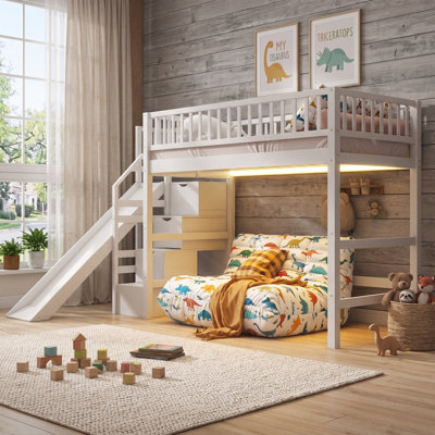 Twin Size Loft Bed with Storage Staircase, Slide and LED Light, White