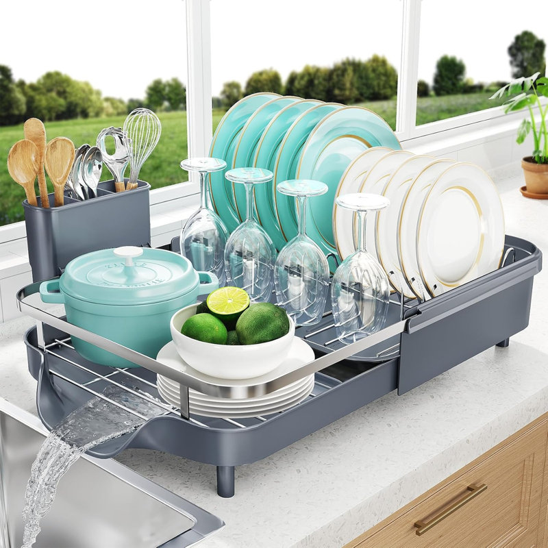 Adjustable Stainless Steel Dish Drying Rack With Cutlery Holder For Kitchen Countertops, Bronze