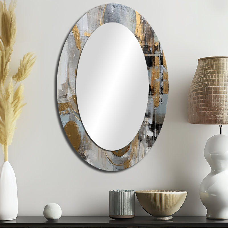 Gold And Grey Radical Simplicity II - Abstract Oval Decorative Mirror On Metal, 36" x 24"