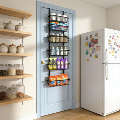 Organisateur de garde-manger au-dessus de la porte, étagère de rangement étroite à 6 niveaux avec paniers profonds réglables, système de rangement mural épice et étagère de cuisine robuste en métal