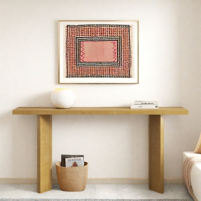Modern Console Table With Geometric Shape Structure And Wood Grain, Natural