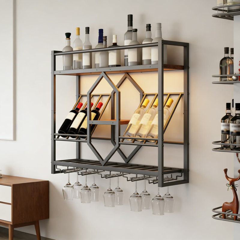 Support à vin mural avec lumières DEL, étagère à vin flottante à 3 niveaux avec porte-verres à pied, design hexagonal pour le rangement et la présentation de la cuisine, du bar ou du salon