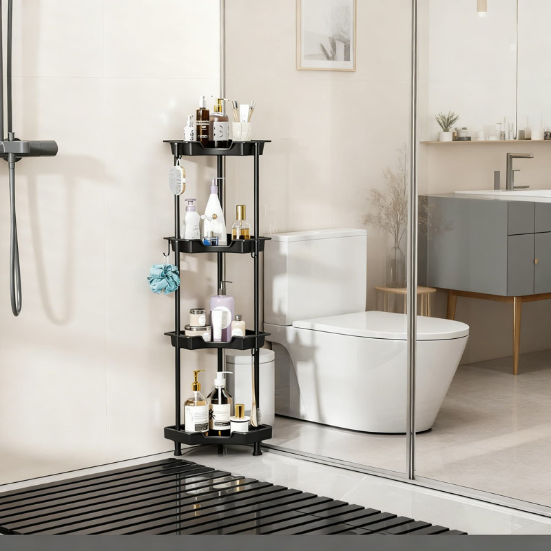 Corner Shower Caddy With 4 Tiers, Hooks & Adjustable Feet - Stainless Steel & Plastic Waterproof Shower Organizer Rack, Black