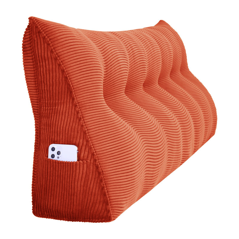 Sit-up Back Comfort Corduroy Bed Headboard Wedge Reading Pillow Triangular Backrest Compression, California King, Orange