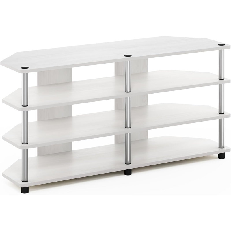 Meuble télé de coin à 4 niveaux Chêne / Acier inoxydable, Blanc