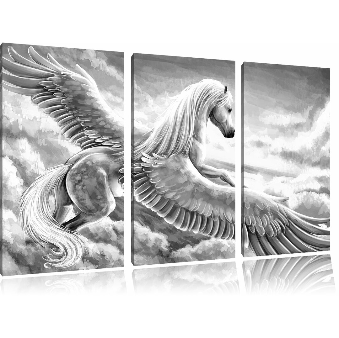 3-tlg. Leinwandbilder-Set „Pegasus fliegt über den Wolken“, Grafikdruck