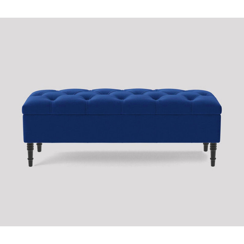 Alyana Wide Tufted Rectangle Ottoman Storage Bench - Upholstery Velvet Shoe Bench with Turned Wooden Legs, Sapphire Blue