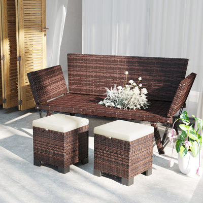 Ensemble de 2 repose-pieds d'extérieur en osier pour patio avec coussins amovibles, repose-pieds en rotin PE 3 en 1, repose-pieds et table d'appoint pour la cour arrière, près de la piscine