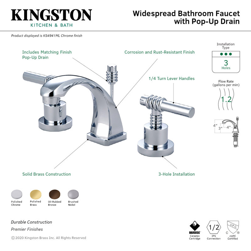 Robinet de salle de bain espacé à deux poignées et fixation sur le comptoir à 3 trous avec bonde escamotable en laiton Kingston