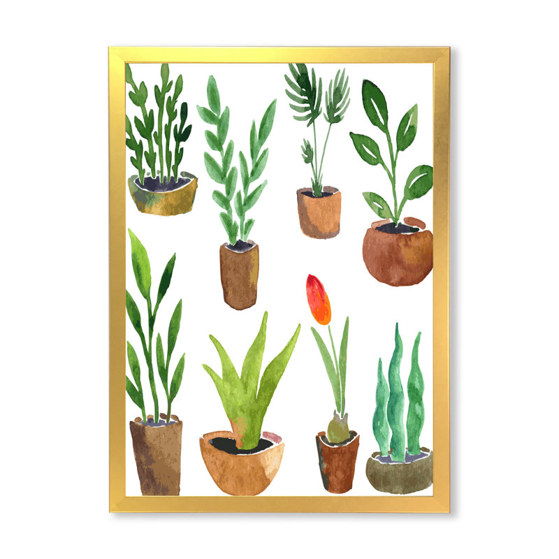 Huit plantes en pot - Peinture sur toile, H 32 po x l 16 po x P 1 po, Cadre doré