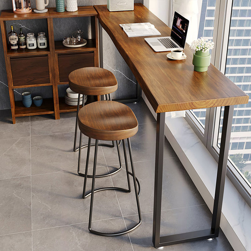 2-Person Nut-brown+Black Rectangular Solid Wood+Iron Bar Table Sets