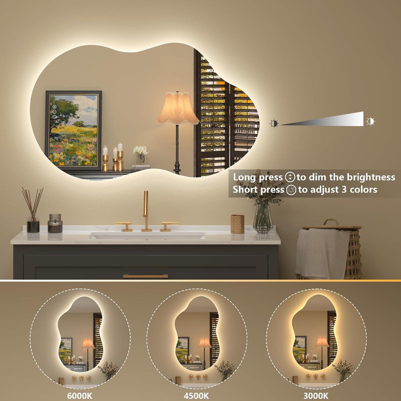  Cloud-Shaped Backlit LED Bathroom Mirror with Adjustable Brightness, 3-Color Lighting and Anti-Fog, 27" x 48"