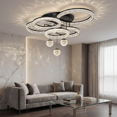 Modern Luxury Led Flush Mount Ceiling Light With Multi Ring Halo Design, 43.3" Large Contemporary Metal & Acrylic Ceiling Light, Dimmable 3 Color Temperature, Remote & App Control For Living Room