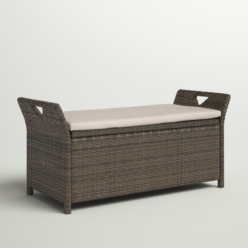 Banc de rangement pour patio en osier de 29 gallons Outsunny, meubles de patio en rotin PE pour l'extérieur, panier rectangulaire avec repose-pieds 2-en-1 avec poignées et coussin, crème
