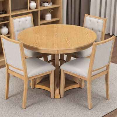 5-Piece Retro Expandable Round Dining Table Set – Extendable 42” to 58” Natural Oak Veneer Table with 4 Upholstered Chairs for Dining Room, Kitchen or Living Room