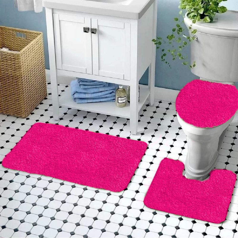 Mckeel Polyester Non-Slip Solid Bath Rug Set, Neon Pink