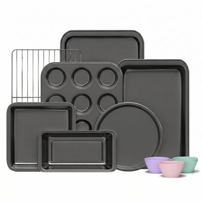 Baking Pans Sets, Nonstick Bakeware Sets 19-Piece with Round/Square Cake Pan, Loaf Pan, Muffin Pan, Cookie Sheet, Roast Pan, Cooling Rack, Carbon Steel Bake Set (Gray)