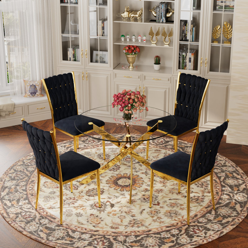 Glass Round Dining Table Set with Luxury Velvet Upholstered Dining Chairs, 5 Pieces: Table, 4 Chairs, Noir