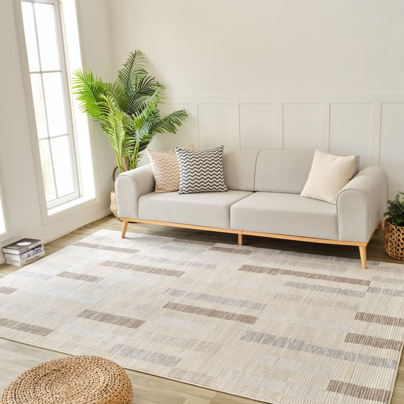 Tapis à motif abstrait beige / brun de 5 pi x 8 pi (5 pi 3 po x 7 pi 7 po) Branch Branch Rune, tapis contemporain, à poils moyens et résistant aux taches