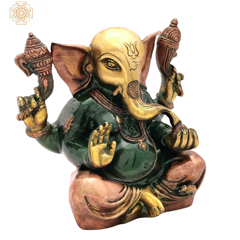 Ganesha avec grandes oreilles en laiton, Vert / or / cuivre