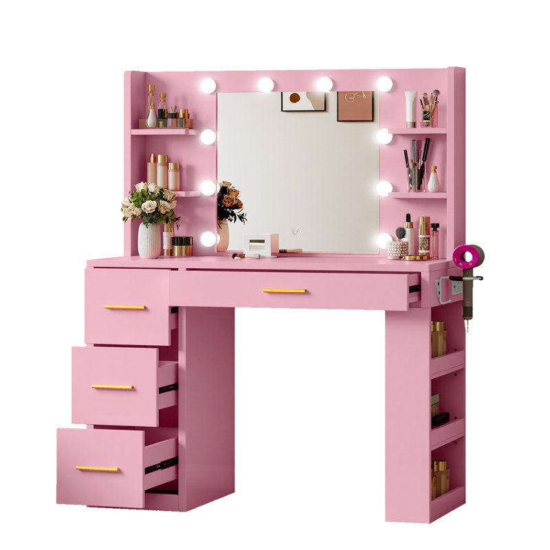 39.3" Makeup Vanity Table With LED Mirror, 4 Drawers, 7 Open Storage Shelves