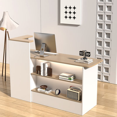 Contemporary Reception Desk With Open Shelves And Right-Side Corner Storage